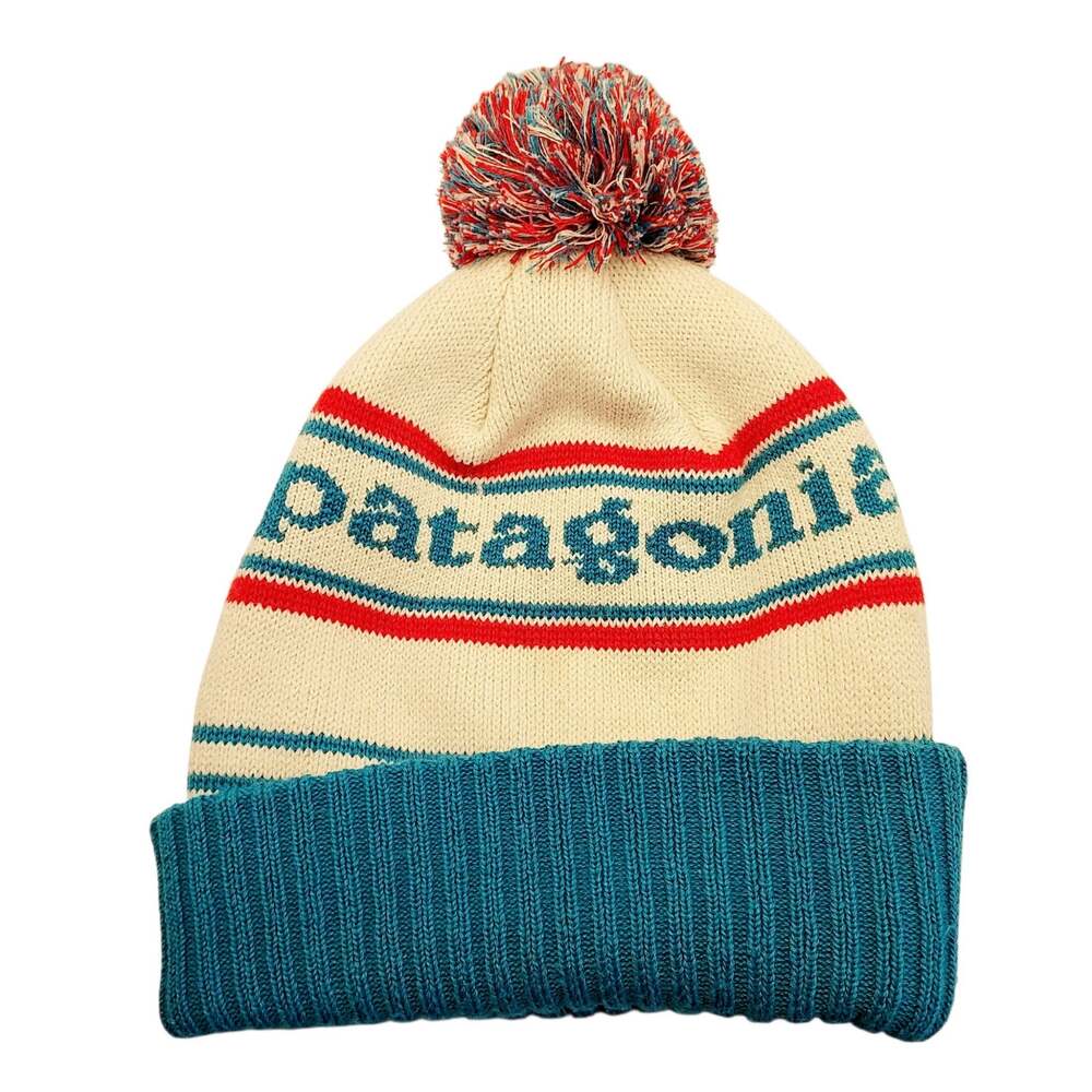 Patagonia Powder Town Beanie Pom Stocking Hat Cap Thick Heavyweight Cream Blue